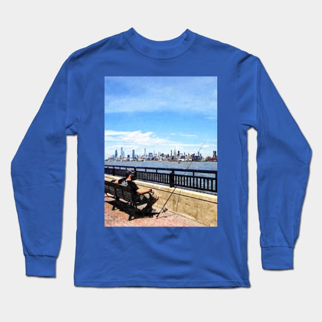 Liberty State Park - Man Fishing Long Sleeve T-Shirt by SusanSavad